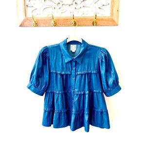 Blue Denim Pleated Button-Up Shirt